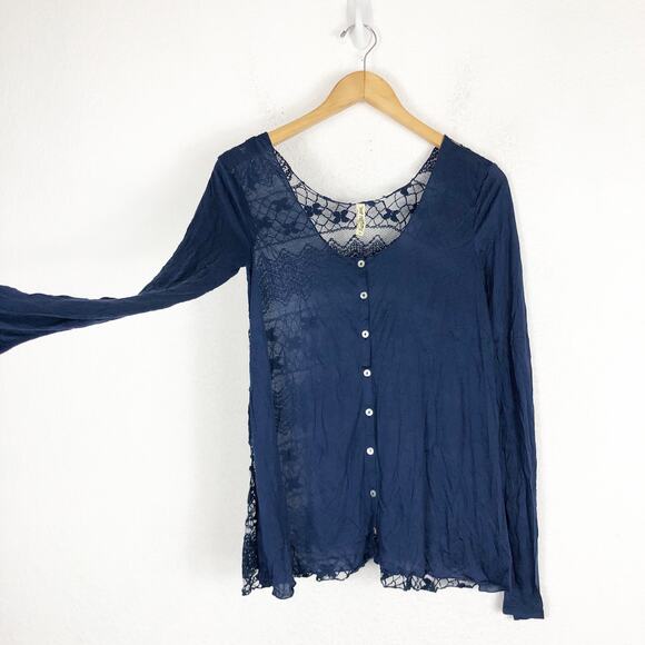 Free People Easy Breezy Jersey Lace Back Tee Smal Navy Blue Long Sleeve - Picture 10 of 13